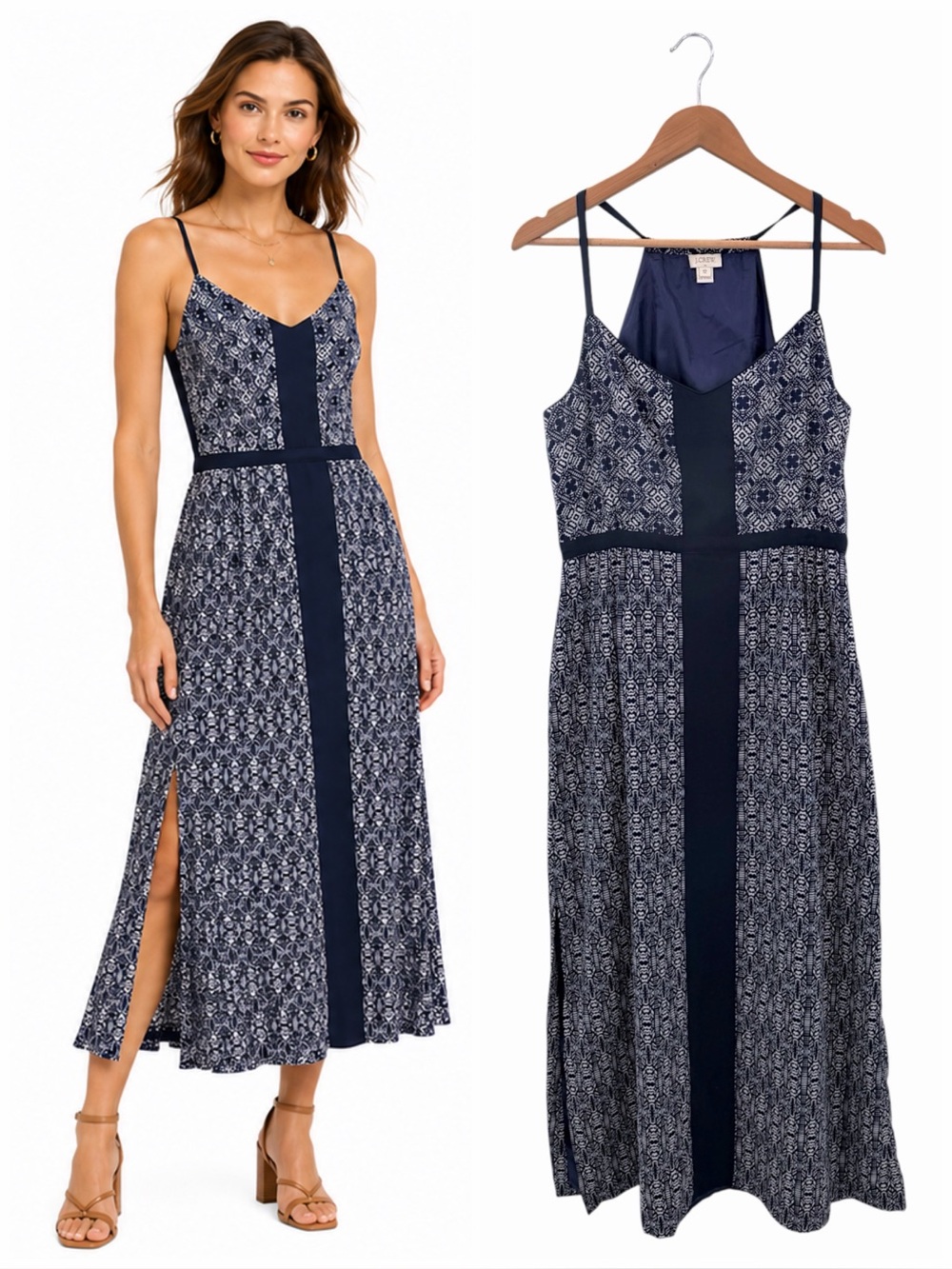 J.Crew Navy White Geometric Print Strappy Maxi Dress Side Slit Size 12